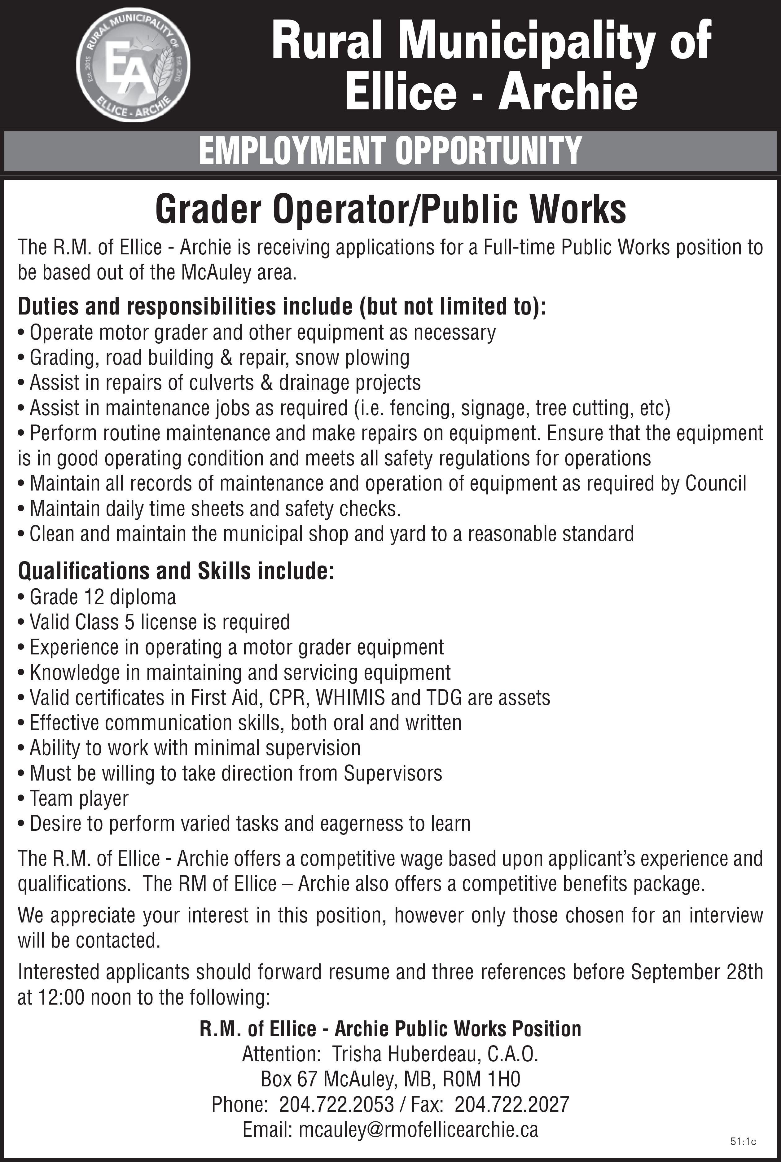 RM of Ellice-Archie-McAuley Area - Grader Operator/Public Works 